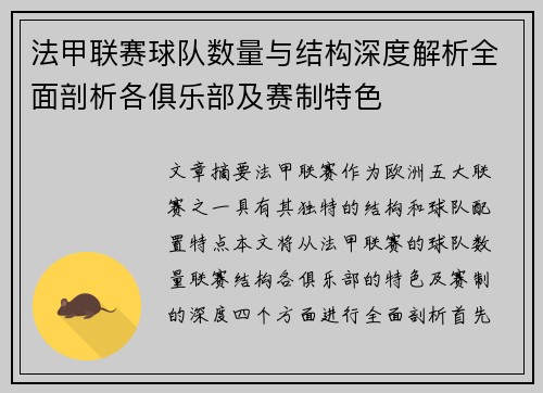 法甲联赛球队数量与结构深度解析全面剖析各俱乐部及赛制特色