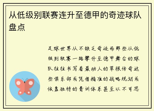 从低级别联赛连升至德甲的奇迹球队盘点