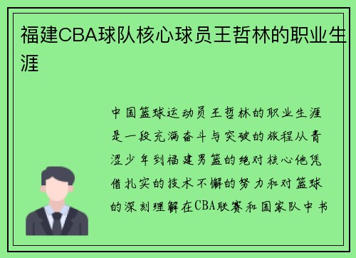 福建CBA球队核心球员王哲林的职业生涯